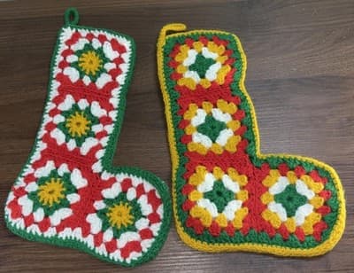 2 Vintage Crochet Granny Square Christmas Stockings Handmade White Red Green Yel
