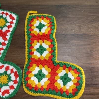 2 Vintage Crochet Granny Square Christmas Stockings Handmade White Red Green Yel - Thumbnail 3