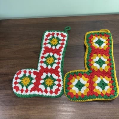 2 Vintage Crochet Granny Square Christmas Stockings Handmade White Red Green Yel - Thumbnail 6