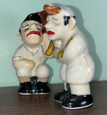 Vintage Ceramic Baseball Catcher & Batter Salt & Pepper Shakers Japan Funny Men
