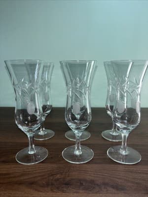 Crystal Flutted Champagne Glasses Berry And Leafs Cut Glass Cut Stem Vintage Bar