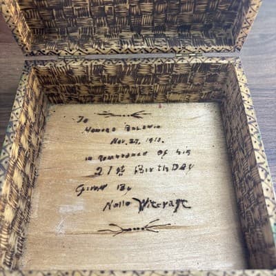Vintage Wood Box. Pyrography Inscription 1910 Nelle Aircraft To Howard Baldwin - Thumbnail 5