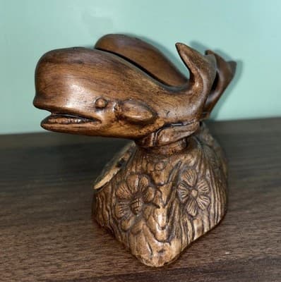 VTG Whale SEA WORLD SALT & PEPPER SHAKERS Wood Look Flowers TREASURE CRAFT MCM - Thumbnail 4