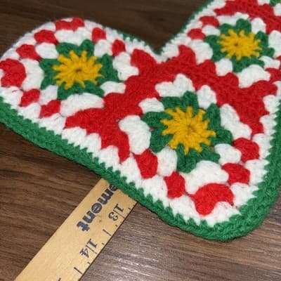 2 Vintage Crochet Granny Square Christmas Stockings Handmade White Red Green Yel - Thumbnail 9