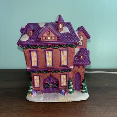Vintage Ceramic Light Up Christmas House Purple Glitter Roof 7” Tall Village - Thumbnail 2