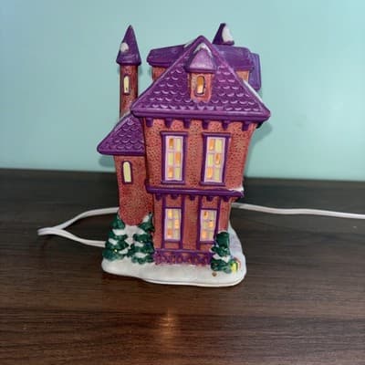 Vintage Ceramic Light Up Christmas House Purple Glitter Roof 7” Tall Village - Thumbnail 3