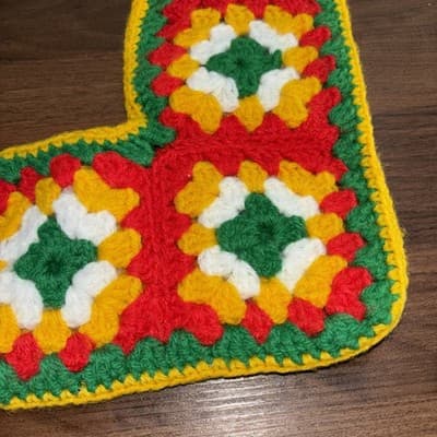 2 Vintage Crochet Granny Square Christmas Stockings Handmade White Red Green Yel - Thumbnail 8