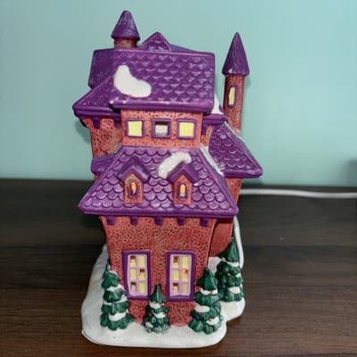 Vintage Ceramic Light Up Christmas House Purple Glitter Roof 7” Tall Village - Thumbnail 4