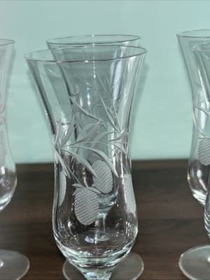 Crystal Flutted Champagne Glasses Berry And Leafs Cut Glass Cut Stem Vintage Bar - Thumbnail 2