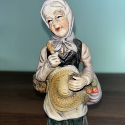 Vintage Peasant Farmer Woman Figurine Carrying Vegetables Porcelain 9" - Thumbnail 3