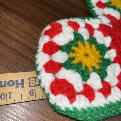 2 Vintage Crochet Granny Square Christmas Stockings Handmade White Red Green Yel - Thumbnail 10