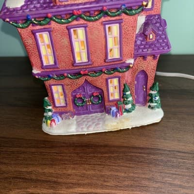 Vintage Ceramic Light Up Christmas House Purple Glitter Roof 7” Tall Village - Thumbnail 7