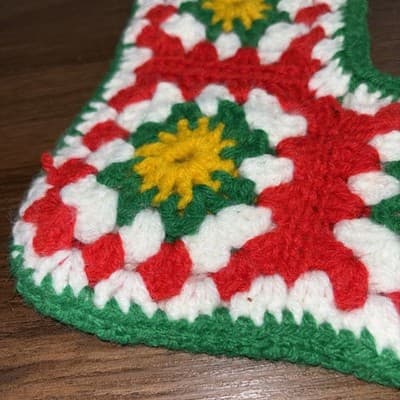 2 Vintage Crochet Granny Square Christmas Stockings Handmade White Red Green Yel - Thumbnail 4