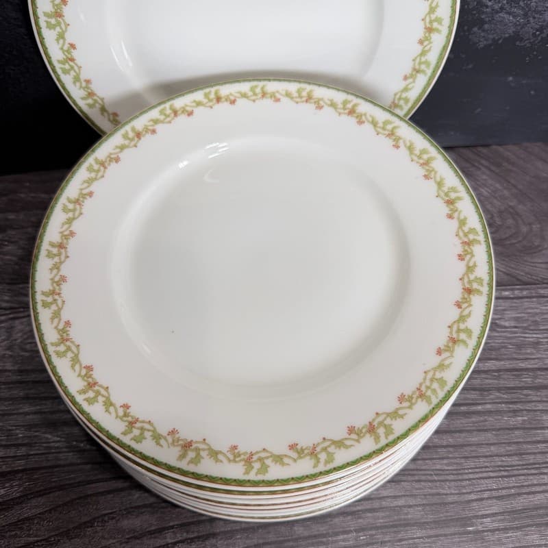 Set of 8 Theodore Haviland Limoges France Salad Plates with Green Vine and Pink - Thumbnail 2