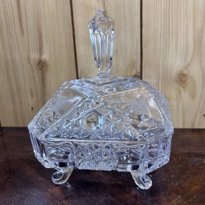 Lead Crystal Glass Dresser Box Candy Dish Square Handle Cut Glass W Germany VTG - Thumbnail 8