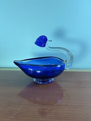 Cobalt Blue Hand Blown Elegant Swan Candy Nut Dish 1960's Vintage Cigar Ashtray