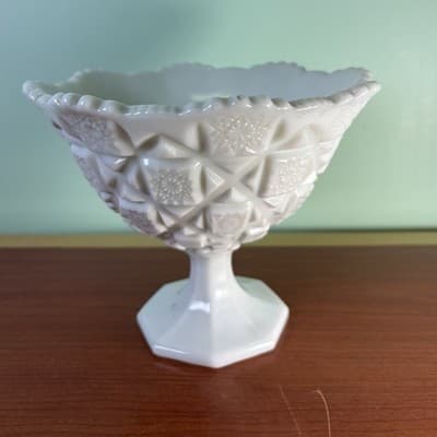 Westmoreland Milk Glass Opaque Quilt Pattern Pedestal Compote Centerpiece Bowl