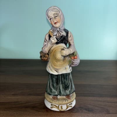 Vintage Peasant Farmer Woman Figurine Carrying Vegetables Porcelain 9"