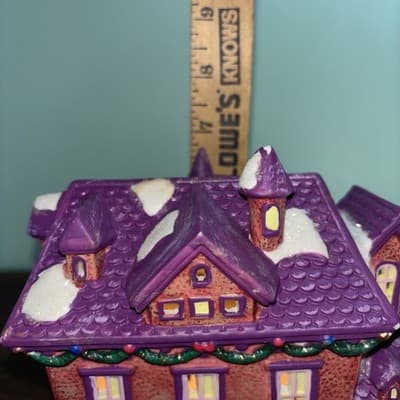 Vintage Ceramic Light Up Christmas House Purple Glitter Roof 7” Tall Village - Thumbnail 9