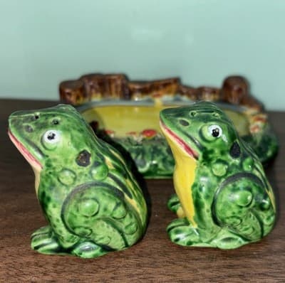 VTG Frogs Pond Salt & Pepper Shaker Set Handpainted Spaghetti ware realistic - Thumbnail 8