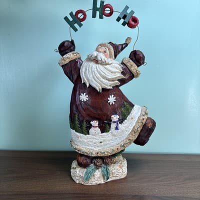 Ho Ho Ho Santa Resin Figure 14” Tall Carved Wood Look Snowman Indoor Outdoor