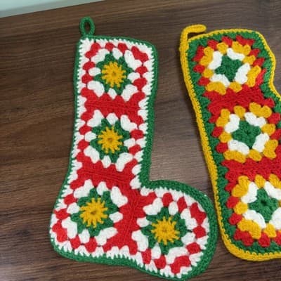 2 Vintage Crochet Granny Square Christmas Stockings Handmade White Red Green Yel - Thumbnail 2