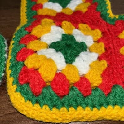 2 Vintage Crochet Granny Square Christmas Stockings Handmade White Red Green Yel - Thumbnail 5