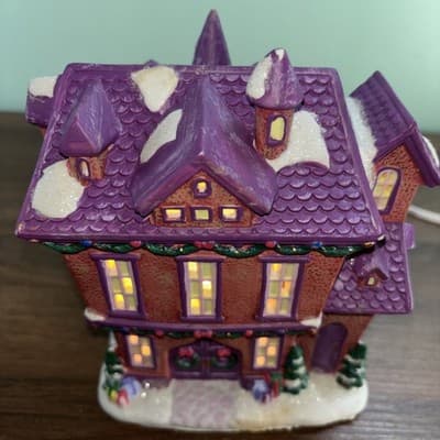 Vintage Ceramic Light Up Christmas House Purple Glitter Roof 7” Tall Village - Thumbnail 13