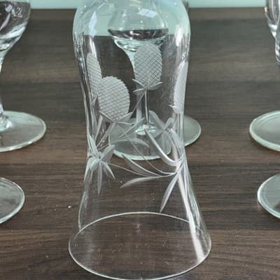 Crystal Flutted Champagne Glasses Berry And Leafs Cut Glass Cut Stem Vintage Bar - Thumbnail 12
