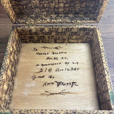 Vintage Wood Box. Pyrography Inscription 1910 Nelle Aircraft To Howard Baldwin - Thumbnail 4