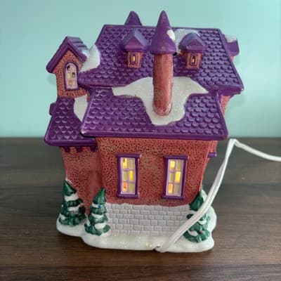 Vintage Ceramic Light Up Christmas House Purple Glitter Roof 7” Tall Village - Thumbnail 5