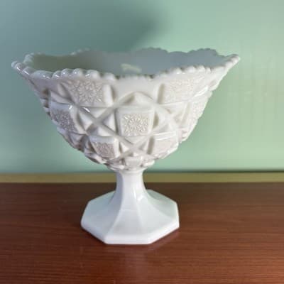 Westmoreland Milk Glass Opaque Quilt Pattern Pedestal Compote Centerpiece Bowl - Thumbnail 2