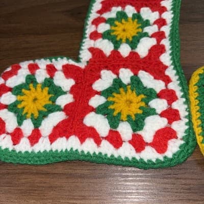 2 Vintage Crochet Granny Square Christmas Stockings Handmade White Red Green Yel - Thumbnail 7