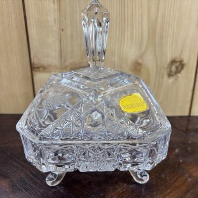Lead Crystal Glass Dresser Box Candy Dish Square Handle Cut Glass W Germany VTG - Thumbnail 2