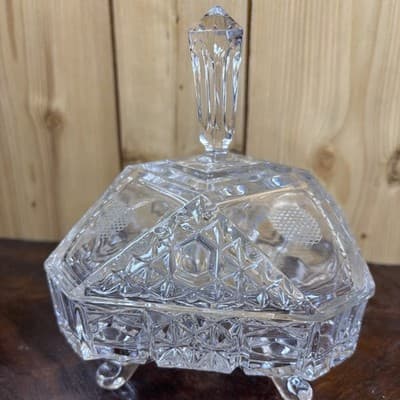 Lead Crystal Glass Dresser Box Candy Dish Square Handle Cut Glass W Germany VTG - Thumbnail 9