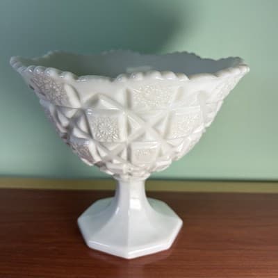 Westmoreland Milk Glass Opaque Quilt Pattern Pedestal Compote Centerpiece Bowl - Thumbnail 3