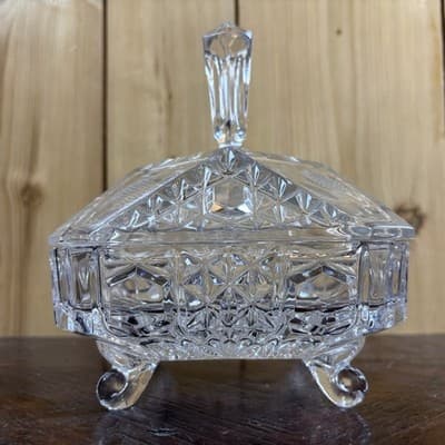 Lead Crystal Glass Dresser Box Candy Dish Square Handle Cut Glass W Germany VTG - Thumbnail 10