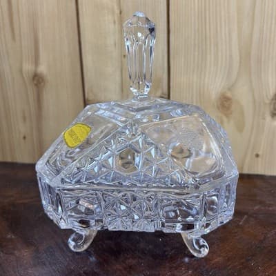 Lead Crystal Glass Dresser Box Candy Dish Square Handle Cut Glass W Germany VTG - Thumbnail 7