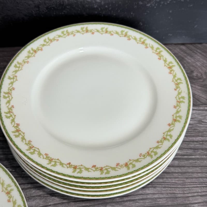 Set of 8 Theodore Haviland Limoges France Salad Plates with Green Vine and Pink - Thumbnail 7