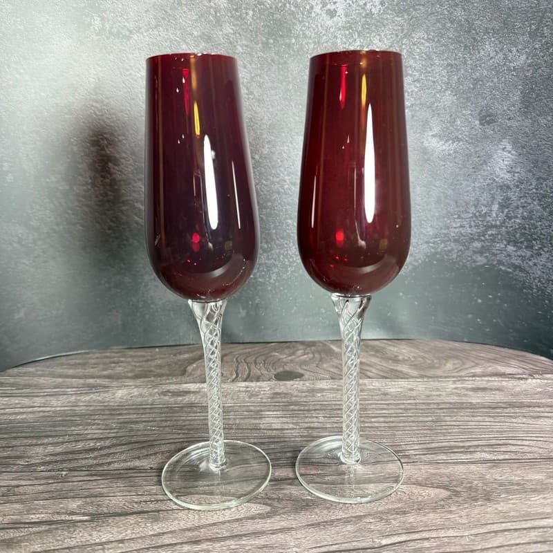 Vintage Bombay Company Ruby Red Champagne Flutes with Clear Air Twist Stem, 9.5"
