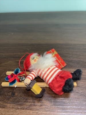 4” Vintage Wooden Elf Christmas Ornament With Bell Lamp - Felt Clothing - MCM - Thumbnail 5