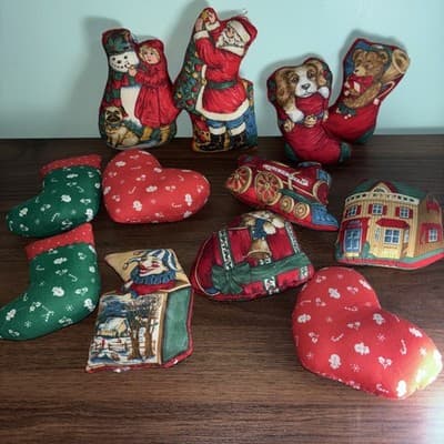 Set of 12 Vintage Handmade SANTA Stockings Stuffed Fabric Christmas ORNAMENTS - Thumbnail 2