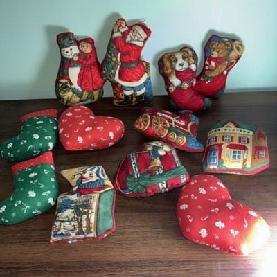 Set of 12 Vintage Handmade SANTA Stockings Stuffed Fabric Christmas ORNAMENTS