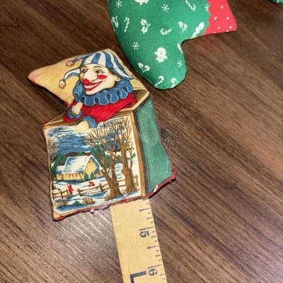 Set of 12 Vintage Handmade SANTA Stockings Stuffed Fabric Christmas ORNAMENTS - Thumbnail 8