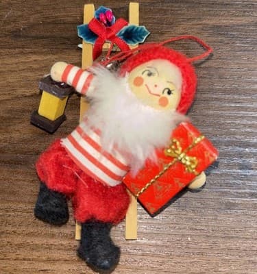 4” Vintage Wooden Elf Christmas Ornament With Bell Lamp - Felt Clothing - MCM