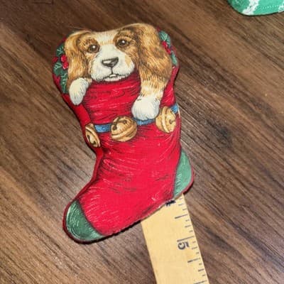 Set of 12 Vintage Handmade SANTA Stockings Stuffed Fabric Christmas ORNAMENTS - Thumbnail 11