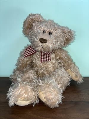 Russ Long Hair Bear Plush Tan With Bow Stuffed Animal 15" Floppy Corduroy