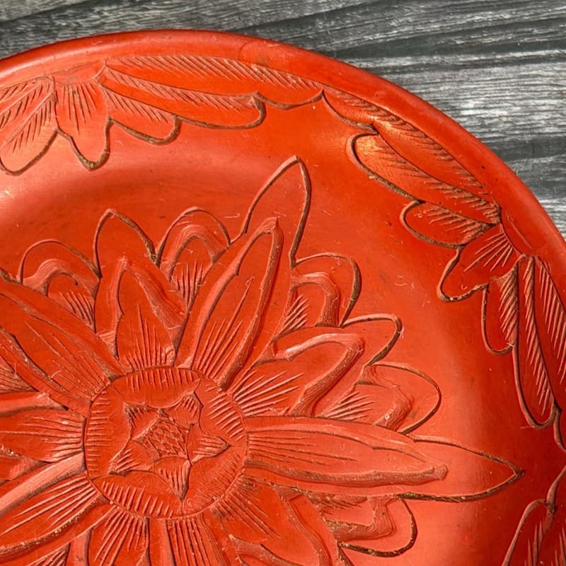 Vintage Carved Red Cinnabar Lacquer Floral Mini Saucer Plate 4” - Thumbnail 2
