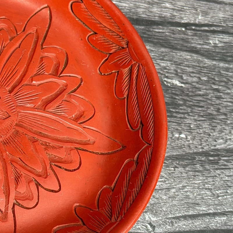 Vintage Carved Red Cinnabar Lacquer Floral Mini Saucer Plate 4” - Thumbnail 3