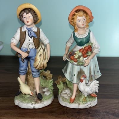 Pair of Vintage HOMCO 8" Girl & Boy Chickens Farmers Figurines Country Cottage
